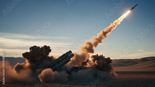 Missile defense system S400 launch showing powerful ground based launcher firing long range rocket in desert landscape with dust smoke and fire representing modern military security technology protect