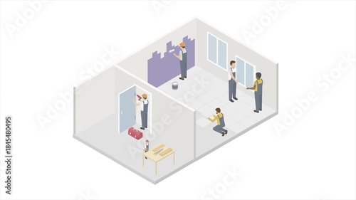 Wallpaper Mural Isometric installer workers from interior renovation service. House indoor renovation process.  Torontodigital.ca