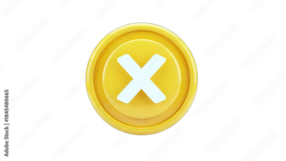 Fototapeta premium 3D Yellow Coin with White X Mark on White Background