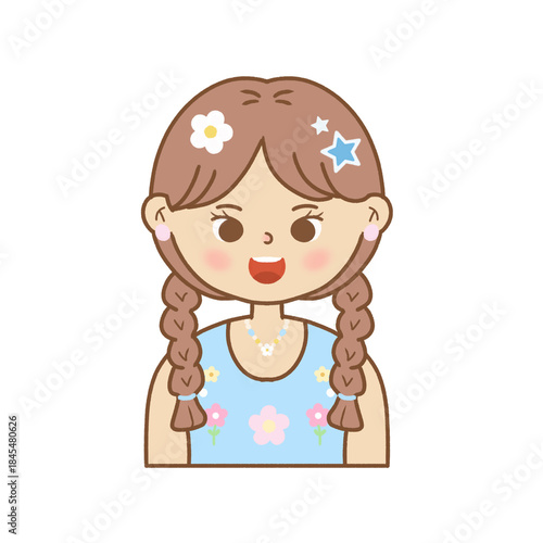 Cute Kawaii Cartoon Girl with Braided Hair and Blue Dress, Flat Illustration