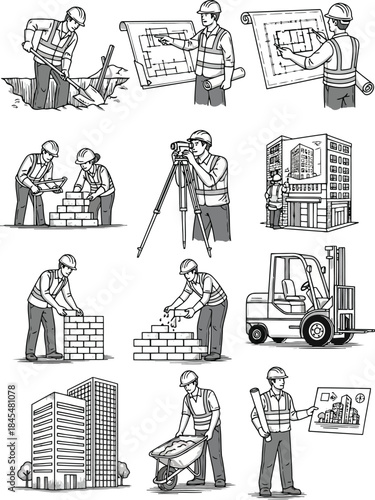 Construction workers engaged in various building activities