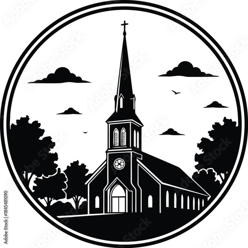Serene church scene with steeple and trees