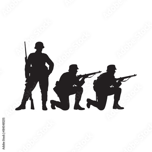 Silhouette of three soldiers in combat poses weapons focused forward