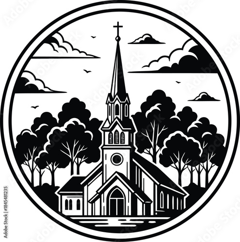 Church illustration with trees and clouds in circle