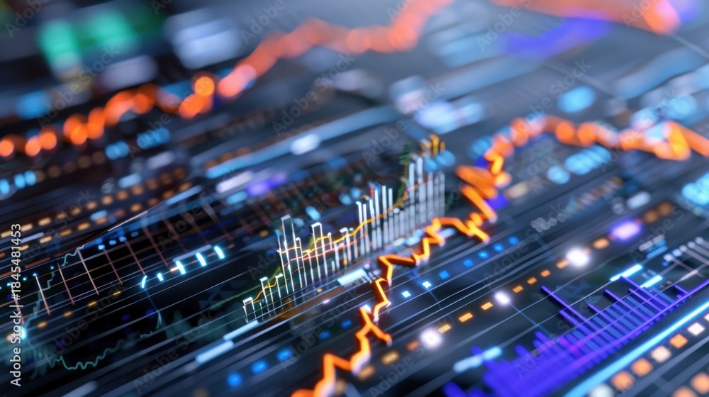 Naklejka premium Abstract financial data visualization with colorful graphs, charts, and data trends on a digital interface for analytical purposes