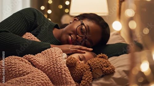 Smiling mother wearing glasses watches over her sleeping daughter tucked in bed with a teddy bear and soft blanket