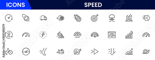 Speed and performance icon set. Containing fast, productivity, indicator, turbo, speeding and speedometer icons. Thin line icon collection. Vector illustration.