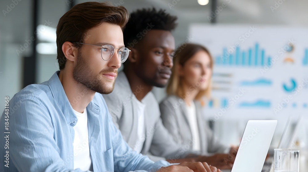 Obraz premium Diverse professionals in a business meeting engaged with laptops and charts highlighting collabo n focus and data analysis in a modern office environment