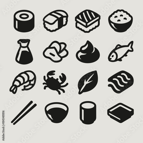 Black and white icon set of japanese foods and sushi elements