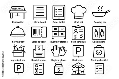Restaurant icon set: reservation, menu, chef, cooking pan, service tools