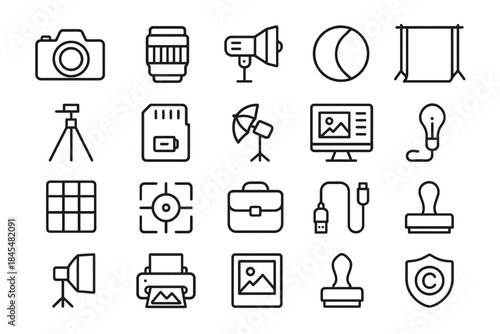 Photography equipment icons set: camera, tripod, microphone, lamp