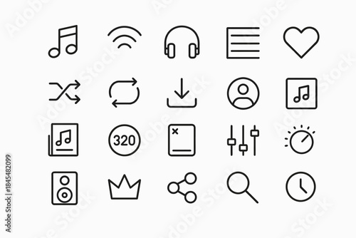 Music and audio icon set featuring symbols for streaming, playback, and sharing