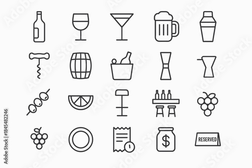Bar and beverage icon set featuring glasses, cocktails, and ingredients