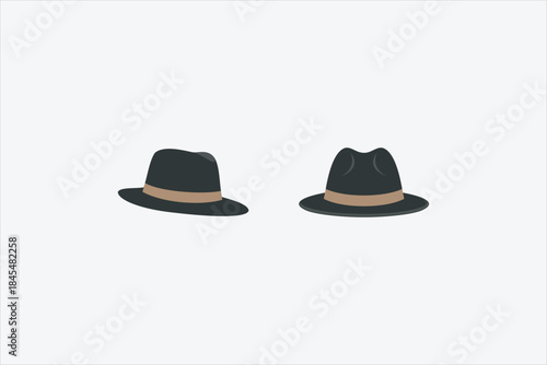 Minimalist flat illustration of two black fedora hats with brown bands shown from different angles on a clean white background. Classic fashion accessory concept with elegant and modern vector style.