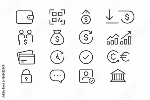 Minimalist finance and business icon set: wallet, currency, graph, security, banking
