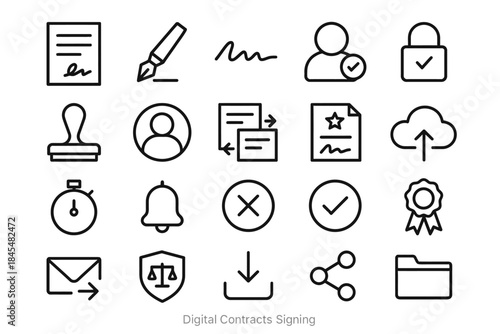 Digital contract signing icons: pen, signature, cloud, lock, document, approval, exchange