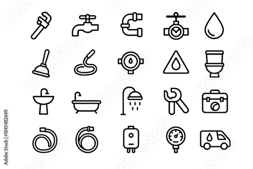 Plumbing icons: tools, pipes, faucet, valve, and water symbols collection