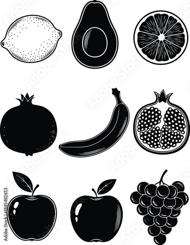 Assorted fruits collection in black and white
