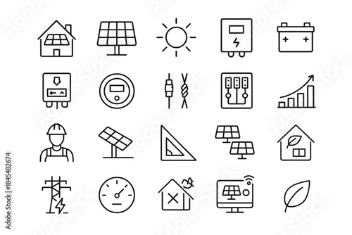 Solar energy icons: panels, meters, inverters, batteries, and efficiency