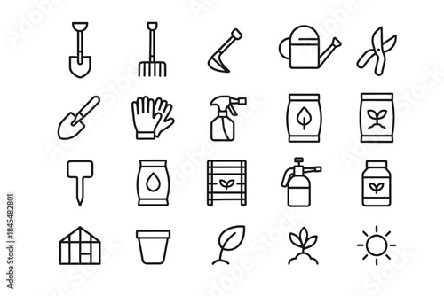 Gardening tools and equipment icons: shovel, rake, watering can, sprayer, seedling, sun