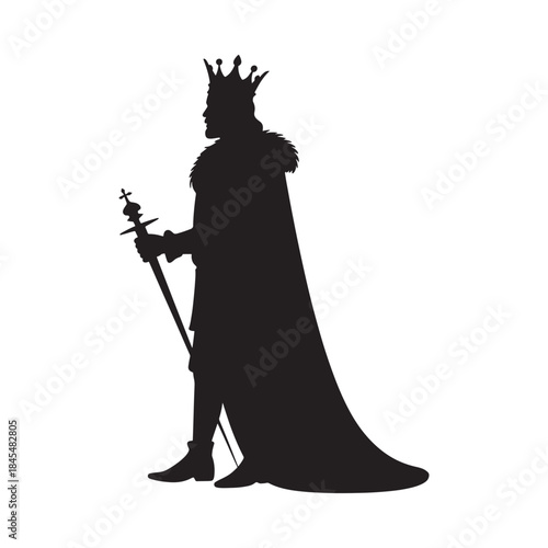 A silhouetted king stands holding a sword draped in regal cloak and crown