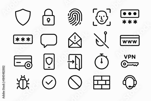Collection of security icons: shield, lock, fingerprint, phishing, vpn, firewall