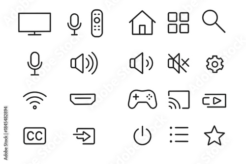 Minimalist multimedia and technology icons set: microphone, speaker, remote, gear, gamepad