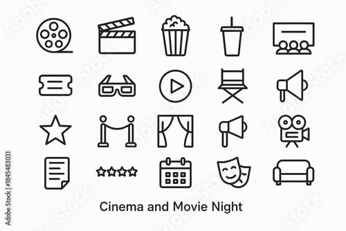 Cinema and movie night icons: film reel, popcorn, cinema chair, movie ticket, megaphone