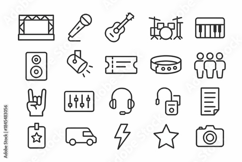 Line art music icons set: instruments, sound equipment, and concert elements