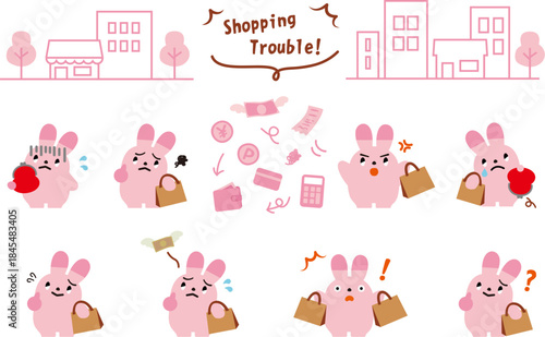 ピンクの線画の街とうさぎの“お買い物トラブル”リアクション素材セット（表情差分あり）
