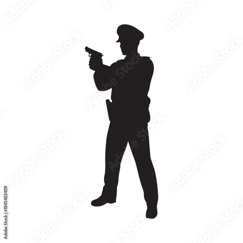 Silhouette of a police officer aiming a handgun depicting a moment of action