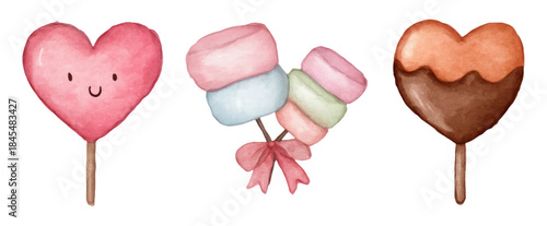 Romantic Watercolor Candy Illustrations in Cartoon Style with Heart Shapes