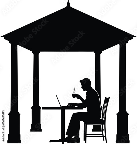 Man working on laptop under gazebo with coffee