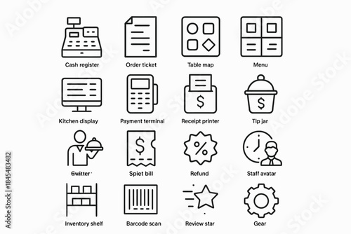 Restaurant icons: cash register, order ticket, table map, menu, payment, receipt