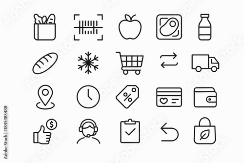 Grocery shopping icons: food, delivery, discounts, payment, eco-friendly symbols