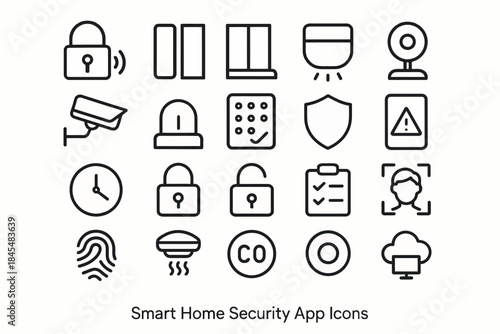 Smart home security icons set illustrating surveillance and safety features