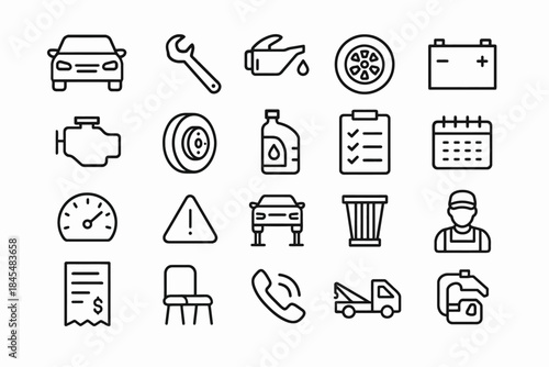 Comprehensive car maintenance icons set featuring tools and equipment