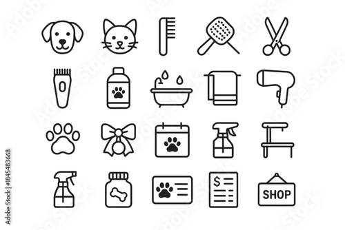 Pet grooming essentials: icons of dog, cat, tools, and supplies for care and maintenance