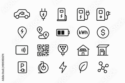 Electric vehicle charging icons set — car, battery, plug, station, energy, payment