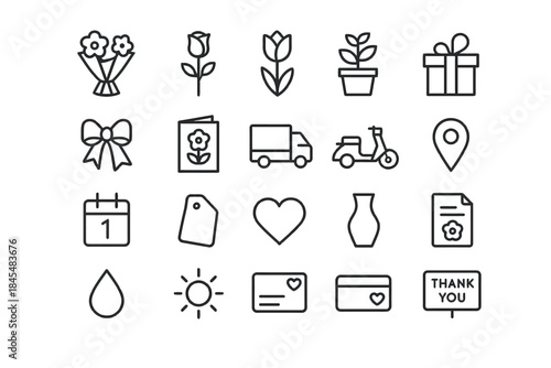 Minimalist icon set featuring flowers, gifts, and vehicles