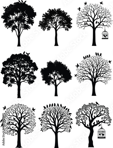 Collection of silhouette trees with birds and cage