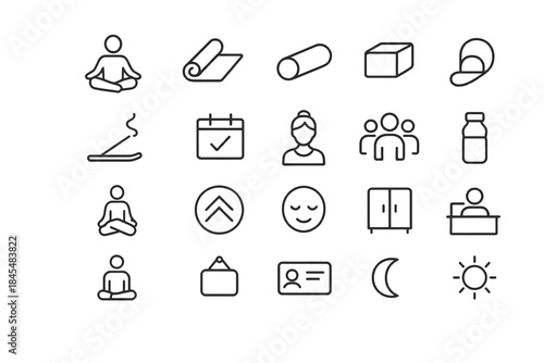 Minimalist yoga and wellness icons: meditation, yoga mat, aromatherapy, calm, relaxation