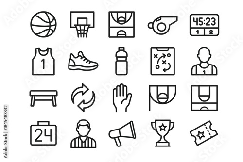 Basketball icons set: court, equipment, players, strategy, scoreboard