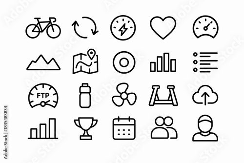 Cycling icons set: fitness, navigation, tracking, heart health, and more