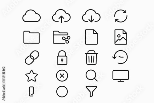 Minimalist cloud and file sharing icons set with security and device symbols