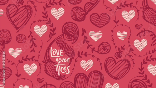 Seamless sketch heart pattern with love never tires text on dark red background for valentine's day