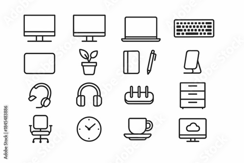 Office essentials icons: monitors, laptop, keyboard, chair, plant, clock, headphones