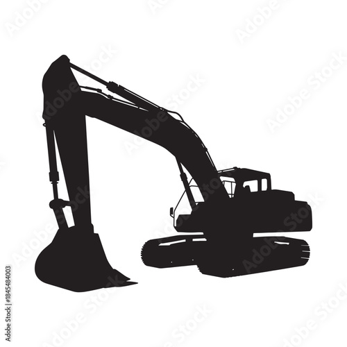 A stark silhouette of a heavy duty excavator machine in black and white
