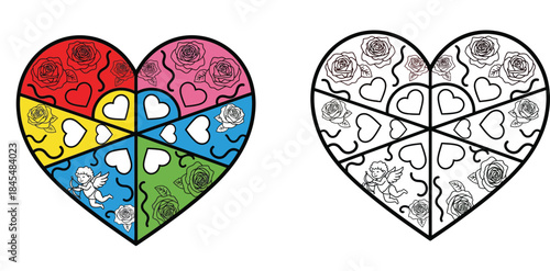 Valentine's Day heart mandala vector illustration set with colored and black and white outline coloring page featuring roses, cupid, and love symbols for romance and relaxation.