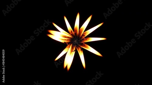 The flame of many candles in the form of a rotating flower bud, isolated on a black background. Creative 4K video 60 fps.